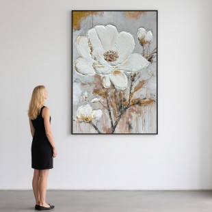 Hand-Painted Modern Abstract Style White Flowers 3D Textured Gold Leaf Oil Painting Canvas Wall Art Living Room Decoration