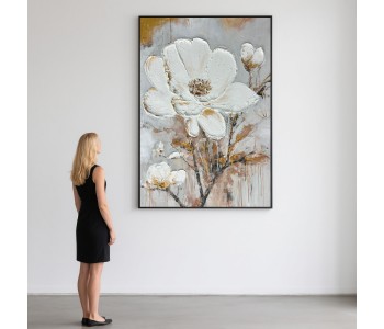 Hand-Painted Modern Abstract Style White Flowers 3D Textured Gold Leaf Oil Painting Canvas Wall Art Living Room Decoration