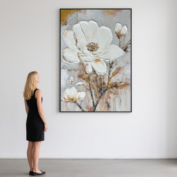 Hand-Painted Modern Abstract Style White Flowers 3D Textured Gold Leaf Oil Painting Canvas Wall Art Living Room Decoration