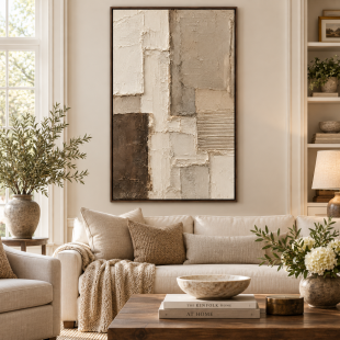 Vertical Beige Brown 3D Textured Abstract Wall Art Architectural Texture Canvas Painting for Hotel Corridor Villa Office Decor
