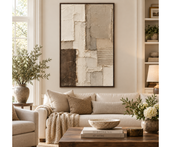 Vertical Beige Brown 3D Textured Abstract Wall Art Architectural Texture Canvas Painting for Hotel Corridor Villa Office Decor