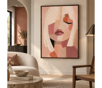 Pink Cubist Woman Portrait Textured Canvas Wall Art Fashion Face Painting for Salon Bedroom Boutique Hotel Decor