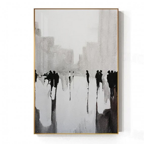 Black and White Cityscape abstract Painting – Vertical Modern Wall Art for Minimalist Decor