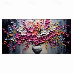 Blooming Melody-Impasto Colorful Flower Bouquet in Vase Oil Painting, Vibrant Floral Wall Art for Home Decoration