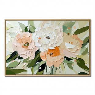 Blossom Harmony-Framed Modern Textured Floral Wall Art - Soft Peach, White & Orange Flower Painting with Green Foliage, Boho Farmhouse Decor for Living Room