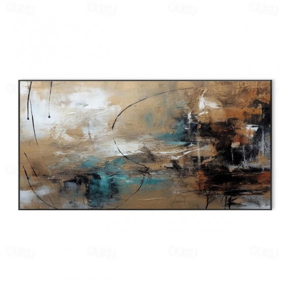 Desert Hues: abstract Horizon- Large Textured abstract Horizontal Canvas Wall Art: Warm Brown & Teal Toned Painting for Modern Living Room Decor