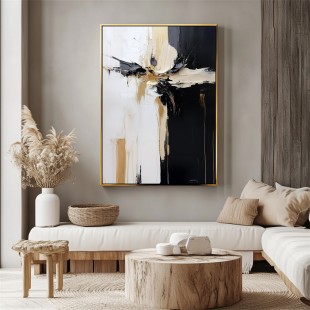Divergent Flow: Thick Texture abstract Artwork - Black, White & Gold for Living Room Wall