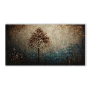 Ethereal Solitude-Textured abstract tree Landscape Horizontal Canvas Wall Art: Warm Brown & Teal Toned for Modern Bedroom/Living Room Decor