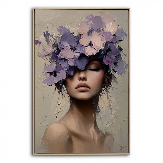 Floral Veil-Textured Oil Painting of Woman with Purple Floral Headpiece | Feminine Art for Home Wall Decor