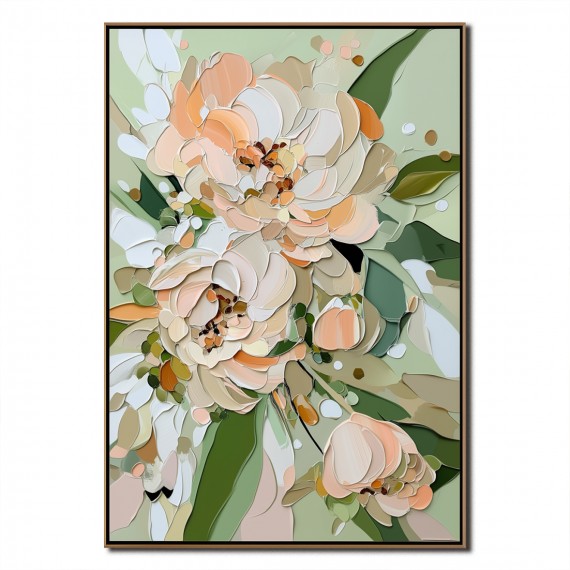 Flourishing Blooms-Soft Peach & Mint Green Peony Painting ,Framed Modern Floral Wall Art