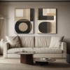 Geometric Harmony- Modern Minimalist Geometric abstract  Large Diptych Wall Art: Neutral Brown & Black Toned Framed Canvas Decor for Contemporary Interiors