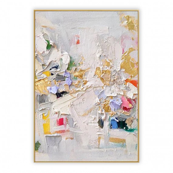 Golden Blossom-Vertical abstract Textured Oil Painting in Gold & Lavender