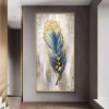 Golden Feather-Vintage-Inspired Feather Wall Art - Blue Gold Foil Textured Vertical Decor for Modern Interiors