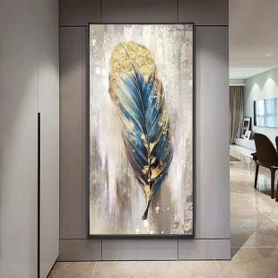 Golden Feather-Vintage-Inspired Feather Wall Art - Blue Gold Foil Textured Vertical Decor for Modern Interiors