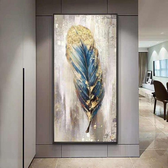 Golden Feather-Vintage-Inspired Feather Wall Art - Blue Gold Foil Textured Vertical Decor for Modern Interiors
