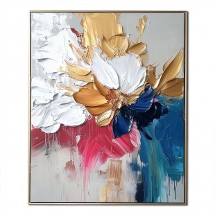 Golden Radiance-abstract Flower Painting with Gold & Multi - Color Impasto Texture, Modern Wall Art Decor for Home