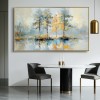 Golden Reflection-Impasto tree Reflection Oil Painting, Horizontal Framed Wall Art with Neutral Tones & Autumn Hues, Serene Forest Landscape for Living Room & Bedroom Decor