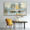 Golden Reflection-Impasto tree Reflection Oil Painting, Horizontal Framed Wall Art with Neutral Tones & Autumn Hues, Serene Forest Landscape for Living Room & Bedroom Decor