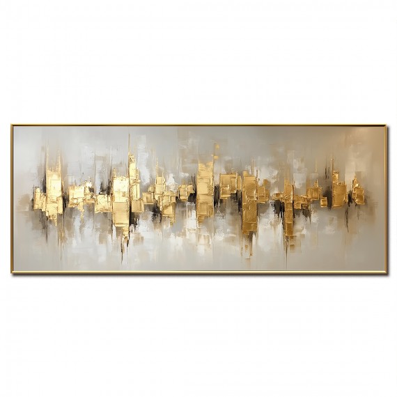 Golden Reverberation: Gold Textured abstract Cityscape Oil Painting - Luxury Modern Wall Art, Statement Decor for Living Room Interiors