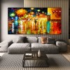 Luminous Night Scene Oil Art: Reflections on Wet Street Decor