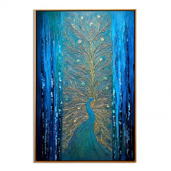 Majestic Gleam - Textured Blue and Gold Peacock Oil Painting