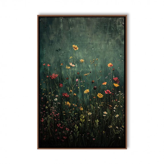 Midnight Bloom-Colorful Wildflowers Oil Painting on Dark Green Background - Nature Floral Wall Art for Home Decoration
