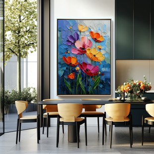 Midnight Bloom – Impasto Flower Oil Painting, Colorful Poppies on Blue Background Wall Art for Living Room