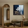 Moonlit Stillness - Modern Blue Gold Floral Still Life Painting Square abstract Wall Art