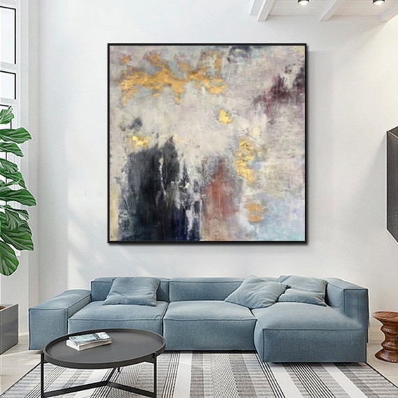 Nebula-abstract Space Painting with Metallic Gold for Modern Interiors