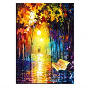 Rainy Night Oil Painting: Romantic Street Scene Wall Art