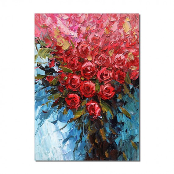 Red Roses-Palette Knife Red Rose Oil Painting - Vibrant Textured Floral Art with Blue Background