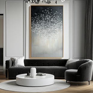 Silent Bloom-Textured Black White abstract Oil Painting - Sparkling Dots Modern Home Art