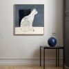 Silent Gaze-Wabi-Sabi White Cat Art Painting on Dark Background - Home Wall Decor