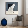 Silent Gaze-Wabi-Sabi White Cat Art Painting on Dark Background - Home Wall Decor