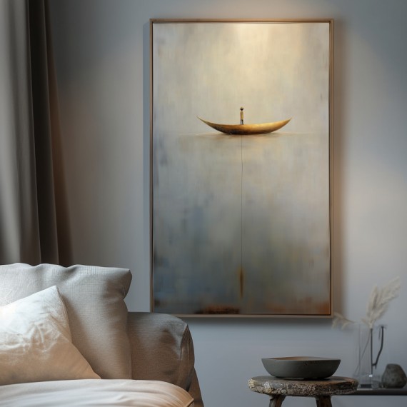 Solitude Voyage: Contemporary Minimalist Wall Art - Neutral Brown & Grey with Gold Boat