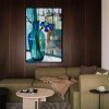 Stillness in Blue - Blue Iris in Glass Vase Minimalist Floral Art with Stained-Glass Background
