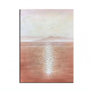 Sunbeams on the Sea-Minimalist Landscape Oil Painting: Warm Brown Tones, Calm Sea & Distant Mountains