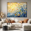 Sunlit Whispers-Impressionist Flower Oil Painting with Vibrant Yellow & Blue Hues, Textured Brushstrokes Wall Art for Home Decor