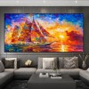 The Colored Sailing Yacht- Colorful Sailboat Oil Painting, Sunset Sea Landscape Art for Home Decoration