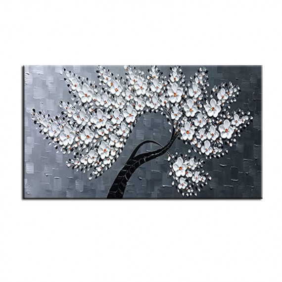 The Magnolia tree-White Flower tree Oil Painting - Textured Floral Wall Art for Living Room