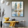 Whispering Reflections-Modern abstract Landscape Oil Painting - tree Reflections in Water, Blue-Gray Tones with Warm Yellow Accents, Serene Nature Wall Art for Living Room & Bedroom Decor