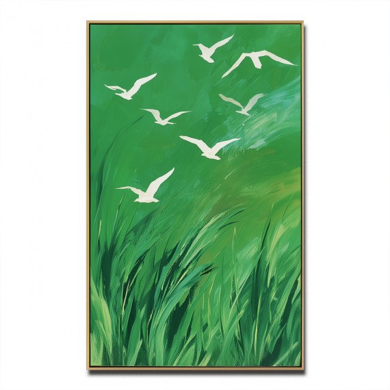 Whispers of the Wind - Green abstract Canvas with Flying White Birds Nature Wall Art