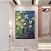White Flowers on Blue-Textured Impasto Oil Painting, abstract White Floral Art for Home Wall Decor